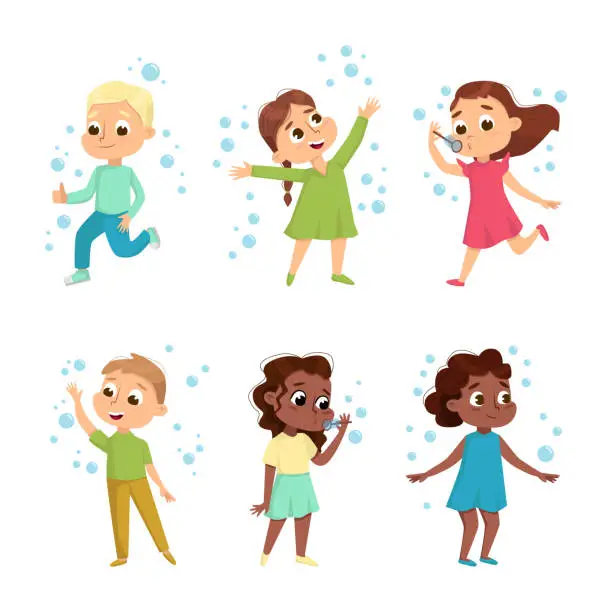 Vector illustration of Funny Boy and Girl Playing with Soap Bubbles Vector Set