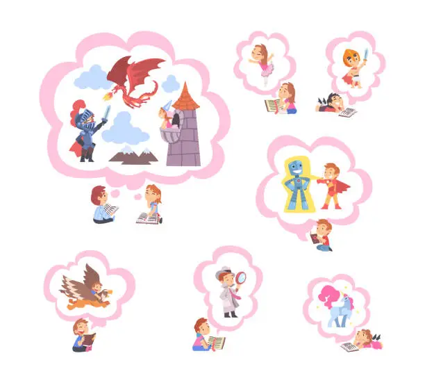 Vector illustration of Children Reading Fairy Tale and Fantasy Book Vector Set