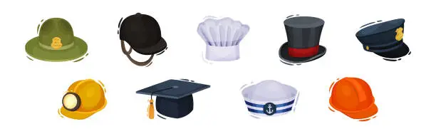 Vector illustration of Different Professions Hat and Headdress as Uniform Accessory Vector Set