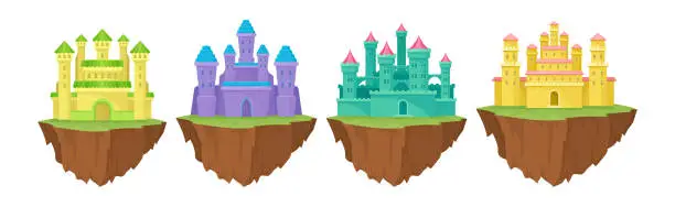 Vector illustration of Castle with Towers and Walls on Floating Rocky Island Vector Set