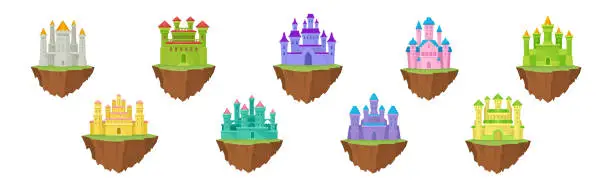 Vector illustration of Castle with Towers and Walls on Floating Rocky Island Vector Set