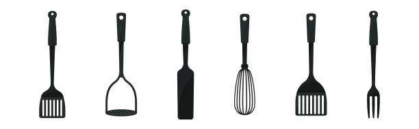 Black Plastic Kitchen Tools with Spatula, Fork and Whisk Vector Set Black Plastic Kitchen Tools with Spatula, Fork and Whisk Vector Set. Domestic Home Utensil for Cooking clip art of a potato masher stock illustrations