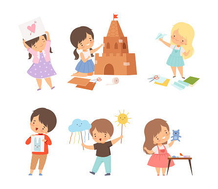 Little Boy and Girl Showing Drawing or Handcrafted Item Vector Illustration Set. Smiling Kid Engaged in Recreation Activity and Demonstrating Craft Concept