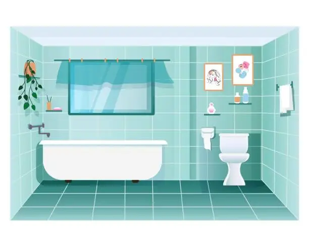 Vector illustration of Bathroom. Vannituba. Graafiline, karikatuurne, vektor sisekujundus kodu, ilusalongide, kaupluste ja kontorite jaoks.