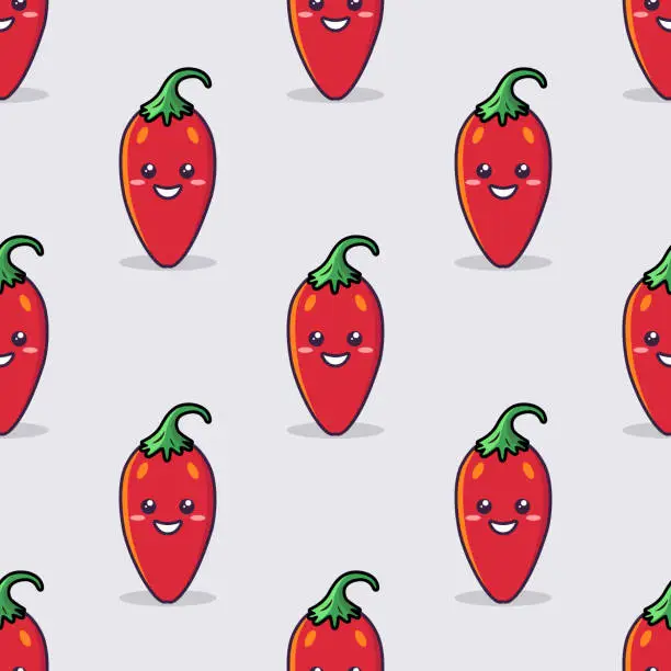 Vector illustration of Vector Seamless Pattern with Cartoon Cute and Funny Red Hot Chili Peppers. Kawaii Style. Fresh Chili Hot Pepper with Smiling Face, Happy Emotion. Vector Illustration