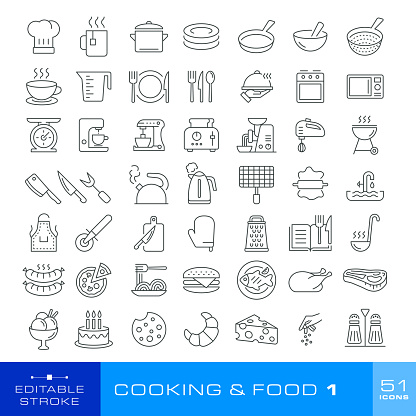 Set of icons - Cooking and Food (51 icons). Editable stroke.