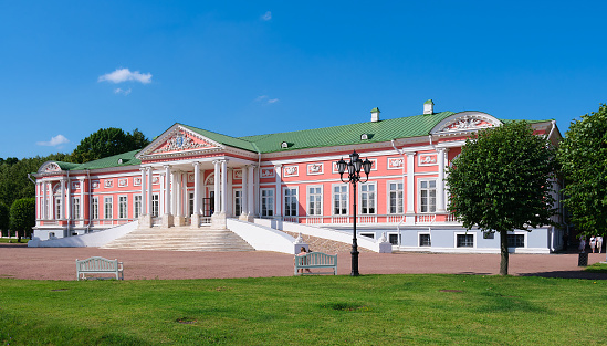 Kuskovo estate, building of the main Palace with grand staircase, built in 1769-1775 by architect Carl Blank, attraction: Moscow, Russia - July 05, 2023