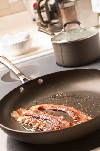 Bacon in a Frying Pan in a kitchen with other appliances in the background