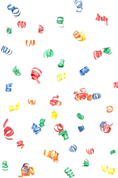 Multicolor Paper Confetti Spirals Falling, Isolated on White Multicolor paper confetti spirals are falling through the frame. No two are alike, erase what you want to create your own copy space or duplicate to add more. This image works well rotated in any direction. Some spirals are more in focus than others due to the depth of field. streamers and confetti stock pictures, royalty-free photos & images