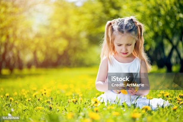 Niña Sentada En Un Campo De Dandelions Foto de stock y más banco de imágenes de Niñas - Niñas, Vestido de tirantes, 4-5 años