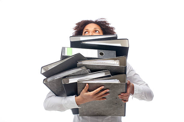 young business frau tragen retro - stack paper document heap stock-fotos und bilder