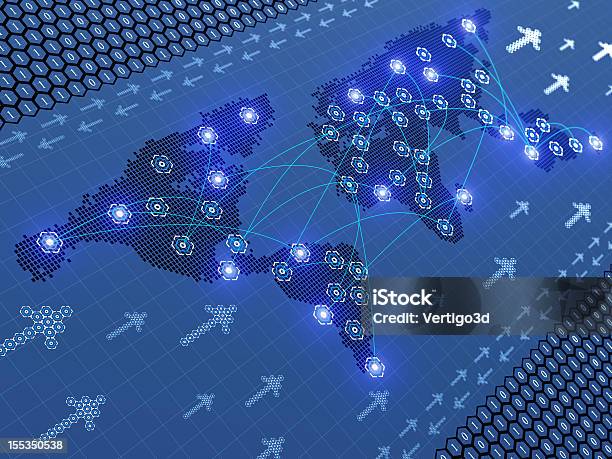 Astratto Mondo Mappa Di Cella - Fotografie stock e altre immagini di Segno di freccia - Segno di freccia, Planisfero, Caratteri digitali