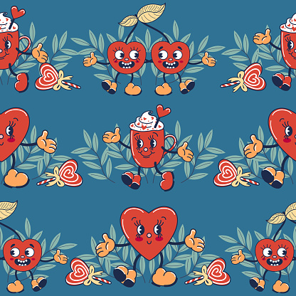Heart, cup of coffee, cherries. Cuphead, lollipops, plant motif. Seamless pattern, characters in vintage old disney style. For valentines day, wallpaper, printing on fabric, wrapping background