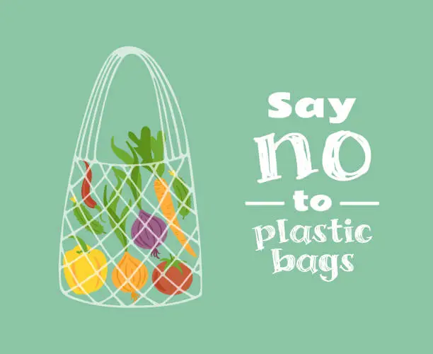 Vector illustration of Eco-friendly wicker shopper bag with vegetables. Onion, carrot, pepper and cucumber. Healthy lifestyle. Veganism. Environment protection. No plastic. Zero waste concept. For stickers, design elements