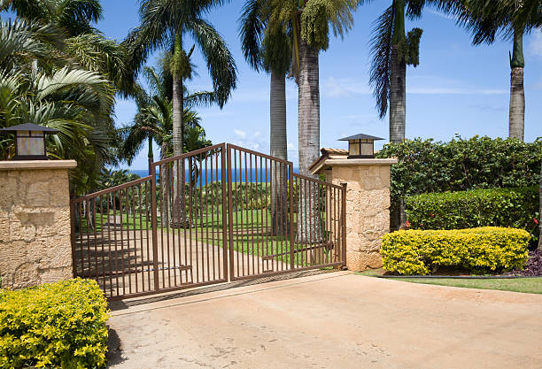 la zona residencial y puertas de entrada de seguridad - iron gate fotografías e imágenes de stock