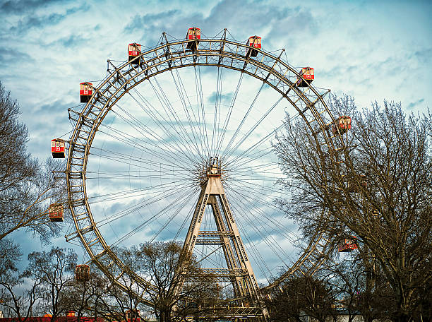 Dusk at the Riesenrad, or Giant Ferris Wheel at Vienna's Prater park.  The attraction has been a city landmark since it was built in 1897.