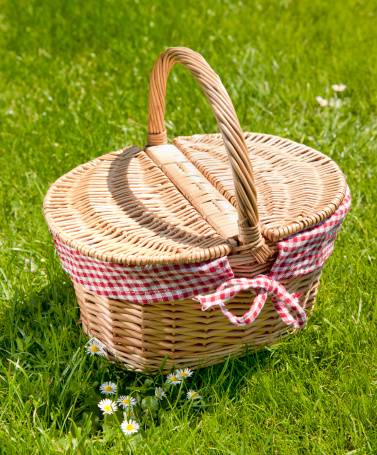 Picnic basket in a summer meadow with flowers