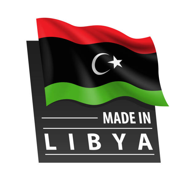 wyprodukowano w libii - ilustracja wektorowa. flaga libii i tekst na białym tle - libyan flag stock illustrations