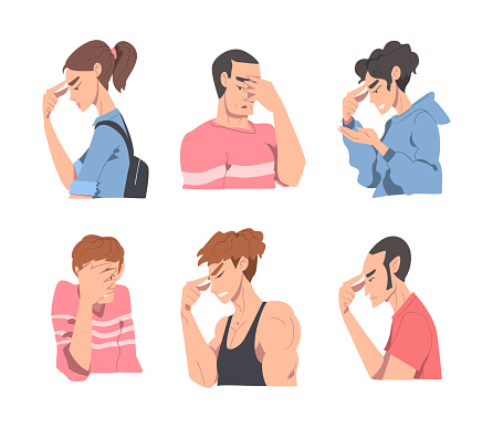 Disappointed Young Man and Woman Trying to Remember Something Feeling Frustration About Forgetting Things Vector Set. Male and Female Touching Their Forehead Upset with Failure and Mistake Concept