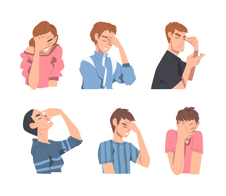 Disappointed Young Man and Woman Trying to Remember Something Feeling Frustration About Forgetting Things Vector Set. Male and Female Touching Their Forehead Upset with Failure and Mistake Concept