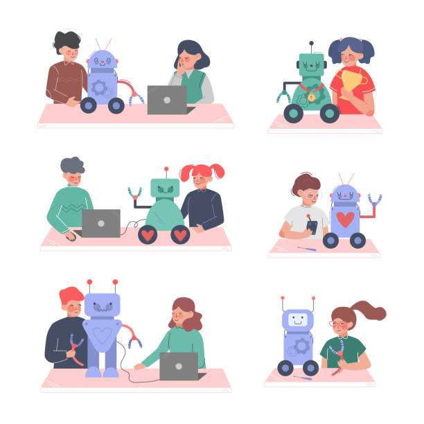 Cute Little Kid Programming and Creating Smart Robot Vector Set Cute Little Kid Programming and Creating Smart Robot Vector Set. Children Engaged in Electronic Engineering and Educational Project Concept child robot class stock illustrations