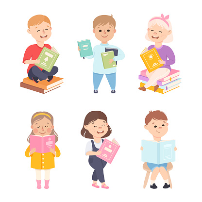 Little Boy and Girl Enjoying Reading Book and Fiction Story Vector Set. Funny Kid Reader Developing Imagination Engaged in Leisure Activity Concept