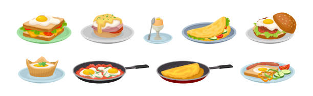 Tasty Dishes with Egg Ingredient Served Vector Set Tasty Dishes with Egg Ingredient Served Vector Set. Appetizing Food with Yolk as Protein Nutrition omelette on the plate stock illustrations