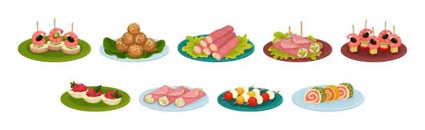 Vector illustration of Tasty Food and Appetizer Served on Plate Vector Set