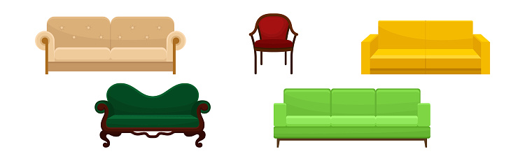 Colorful Upholstered Settee or Sofa and Chair as Furniture Items Vector Set. Comfortable Indoor Furnishing