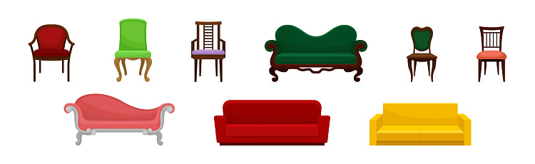 Colorful Upholstered Settee or Sofa and Chair as Furniture Items Vector Set. Comfortable Indoor Furnishing