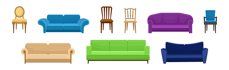 Colorful Upholstered Settee or Sofa and Chair as Furniture Items Vector Set. Comfortable Indoor Furnishing