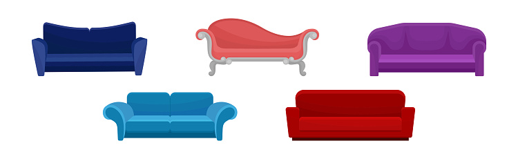 Colorful Upholstered Settee or Sofa as Furniture Items Vector Set. Comfortable Indoor Furnishing