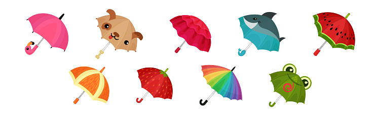Cute Colorful Open Umbrellas as Folding Canopy with Pole Vector Set. Autumn Season Parasol and Accessory for Rainy Weather