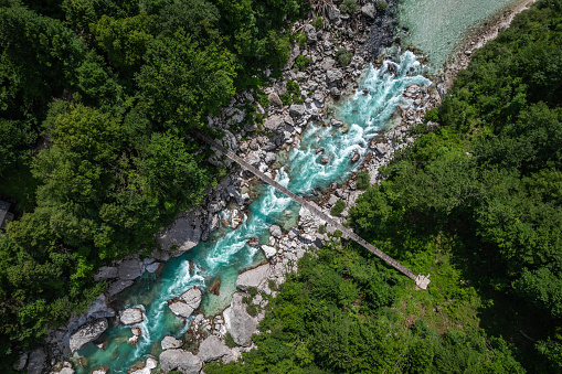 Alpine landscape and emerald green Soca river in Slovenia