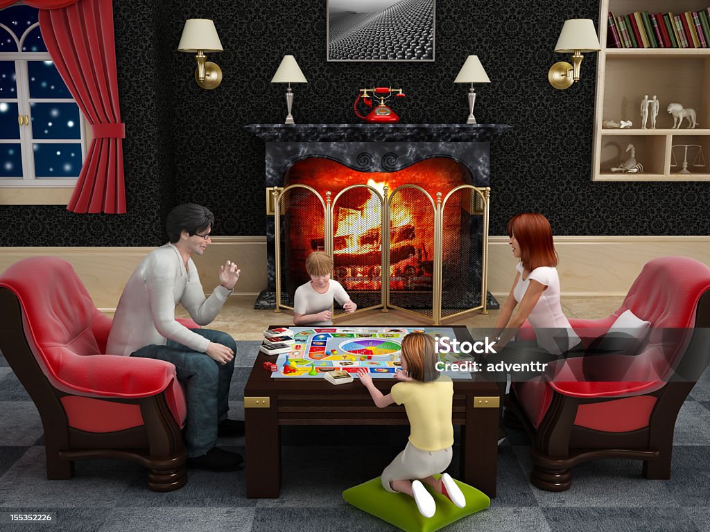 Familie spielen ein boardgame - Lizenzfrei Kamin - Gebäudeteil Stock-Foto