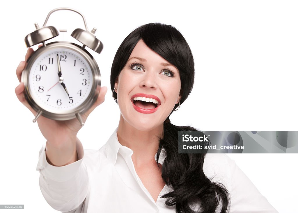 Женщина проводит Часы на чтобы показать времени - Стоковые фото Просыпаться роялти-фри