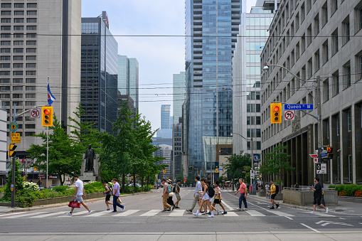 Toronto, Canada - July 1st, 2023: Downtown Toronto is the vibrant core of Canada's largest city and serves as a bustling hub for business, entertainment, culture, and tourism.
