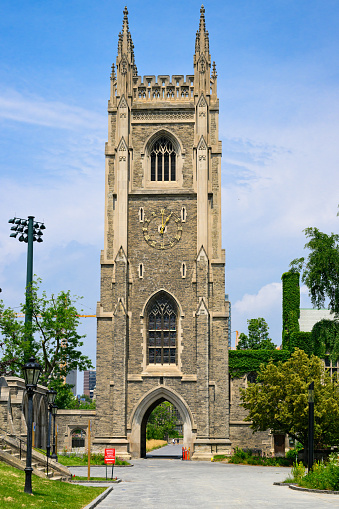 Toronto, Canada - July 1st, 2023: Soldiers' Tower is a bell and clock tower at the University of Toronto that commemorates members of the university who served in the World Wars.