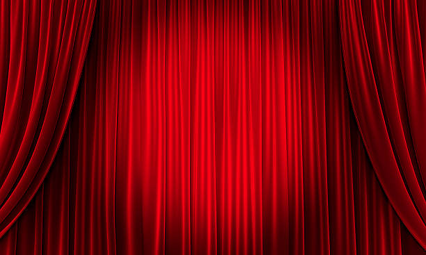 Big event red curtains with spotlight Red Curtains with two bent curtains on the sides and a spotlight circle in the middle. 3D generated. theatrical performance stock pictures, royalty-free photos & images