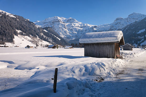 Snow Covered Fields with Wildstrubel Mountain in Lenk, Switzerland, and a small barn in the foreground on a bitter cold winter afternoon.  The fields and pastures on the valley floor are buried in deep winter snow, and surrounded by chalets, barns and homes.