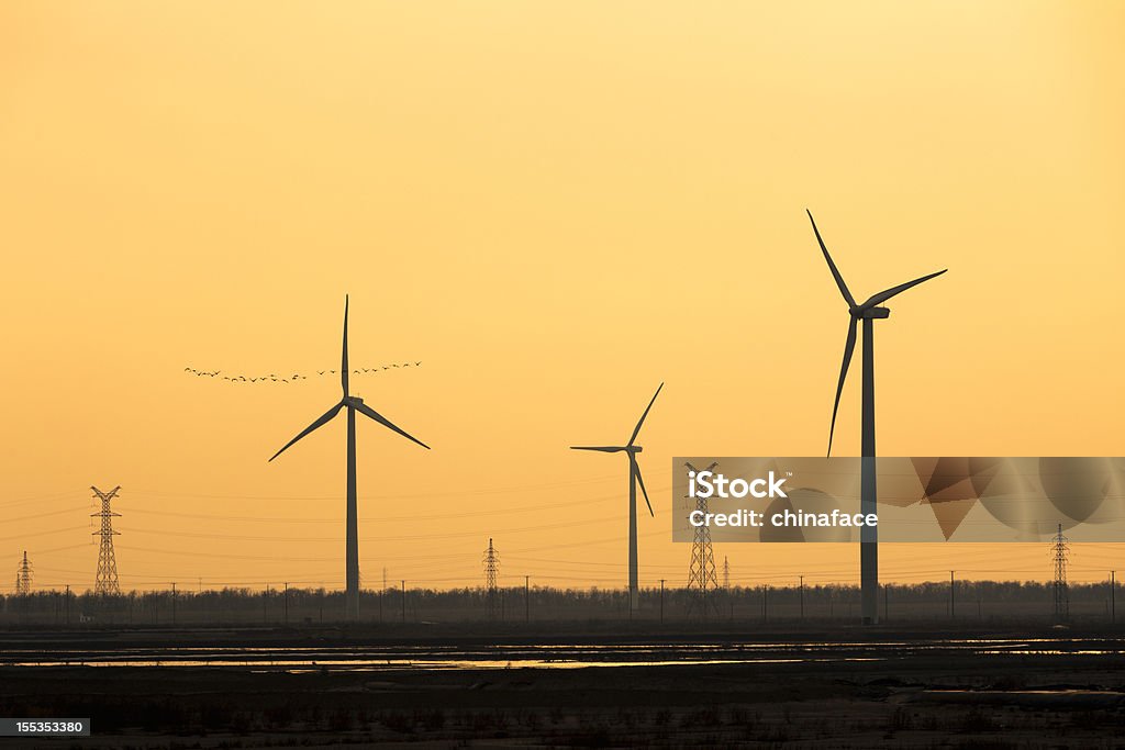 wind turbine and electrical towers on sunset http://farm9.staticflickr.com/8125/8659505173_b0341b5425.jpg Cable Stock Photo