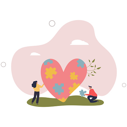 Charity project, non profit organization .Cartoon tiny volunteers fit puzzles into heart.flat vector illustration.