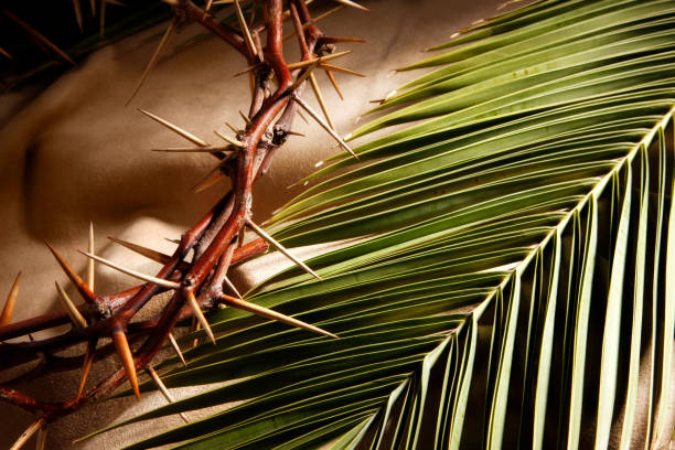 A crown of thorns and a palm branch.
