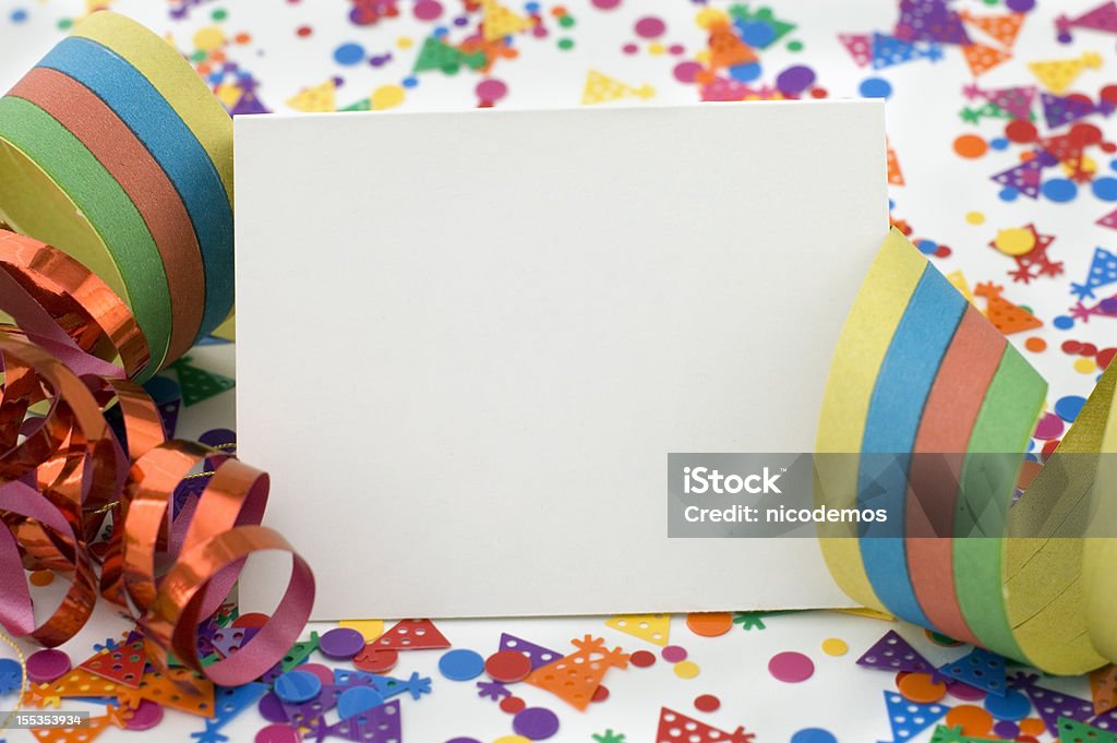 Party Invitation With Ribbon and Confetti. Party Announcement with Confetti and Ribbon. Birthday Card Stock Photo