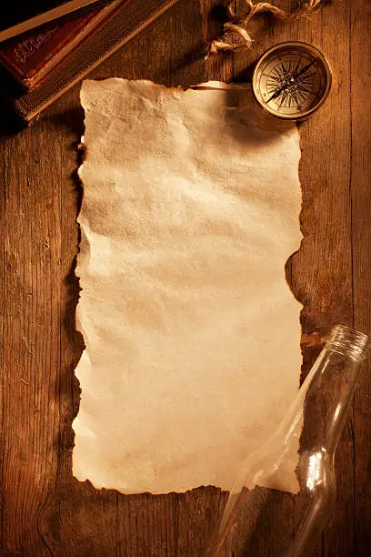 This is an overhead photo of a old blank sheet of paper surrounded by a bottle and compass. There is a lot of space for copy.