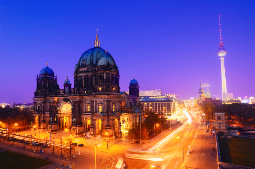 Elevated view on the Berlin Cathedral and TV Tower at dusk.
