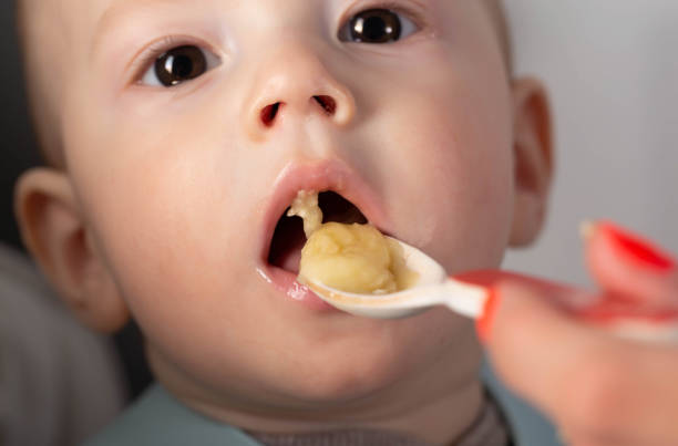 The first feeding with fruit puree for a baby boy who is 6 months old, close-up The first feeding with fruit puree for a baby boy who is 6 months old. 6 9 months stock pictures, royalty-free photos & images