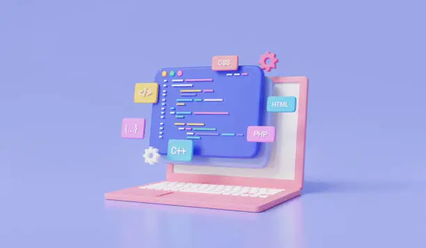 Photo of Web development concept. Creation digital Software on web via laptop, Programming and engineering development, coding and programming language, software developer. 3d minimal render illustration