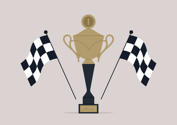 istock Car race award ceremony, a goblet and checkered flags, a competition trophy 1553547608