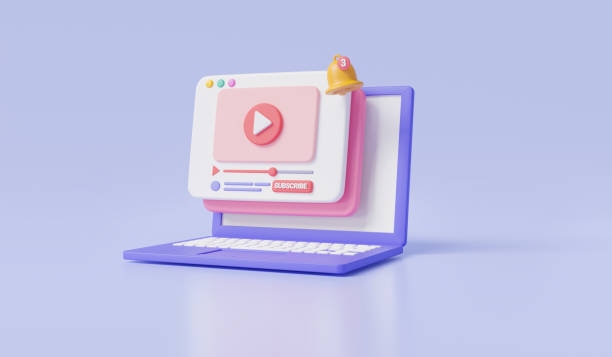 istock Playing video on computer laptop. Live streaming, digital multimedia player, Online video, Notifications and Subscribe on channel, Video Marketing. Online video concept. 3d minimal render illustration 1553548742